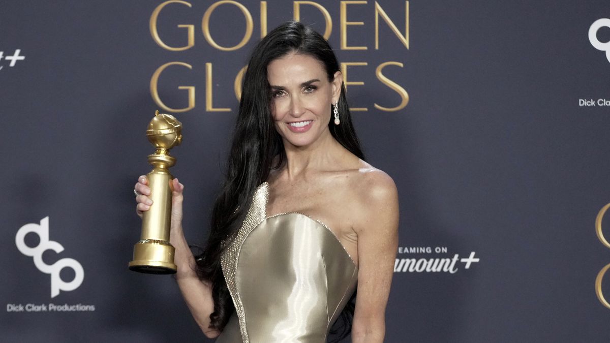 BEVERLY HILLS, CALIFORNIA - JANUARY 05: Demi Moore, winner of the Female Actor in a Motion Picture Musical or Comedy Award for &quot;The Substance&quot; poses in the press room at the 82nd Annual Golden Globe Awards at The Beverly Hilton on January 05, 2025 in Beverly Hills, California.