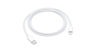 En vit Apple USB-C till Lightning-sladd visas upp mot en vit bakgrund.