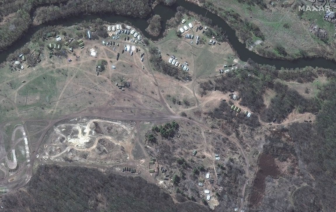 This photo, captured by Maxar Technologies&#039; WorldView-2 satellite on April 11, 2022, shows the deployment of troops, tents and vehicles west of Soloti, Russia, near the border with Ukraine.