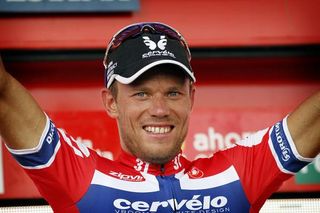 Thor Hushovd celebrates his Vuelta stage win on the podium in Murcia.