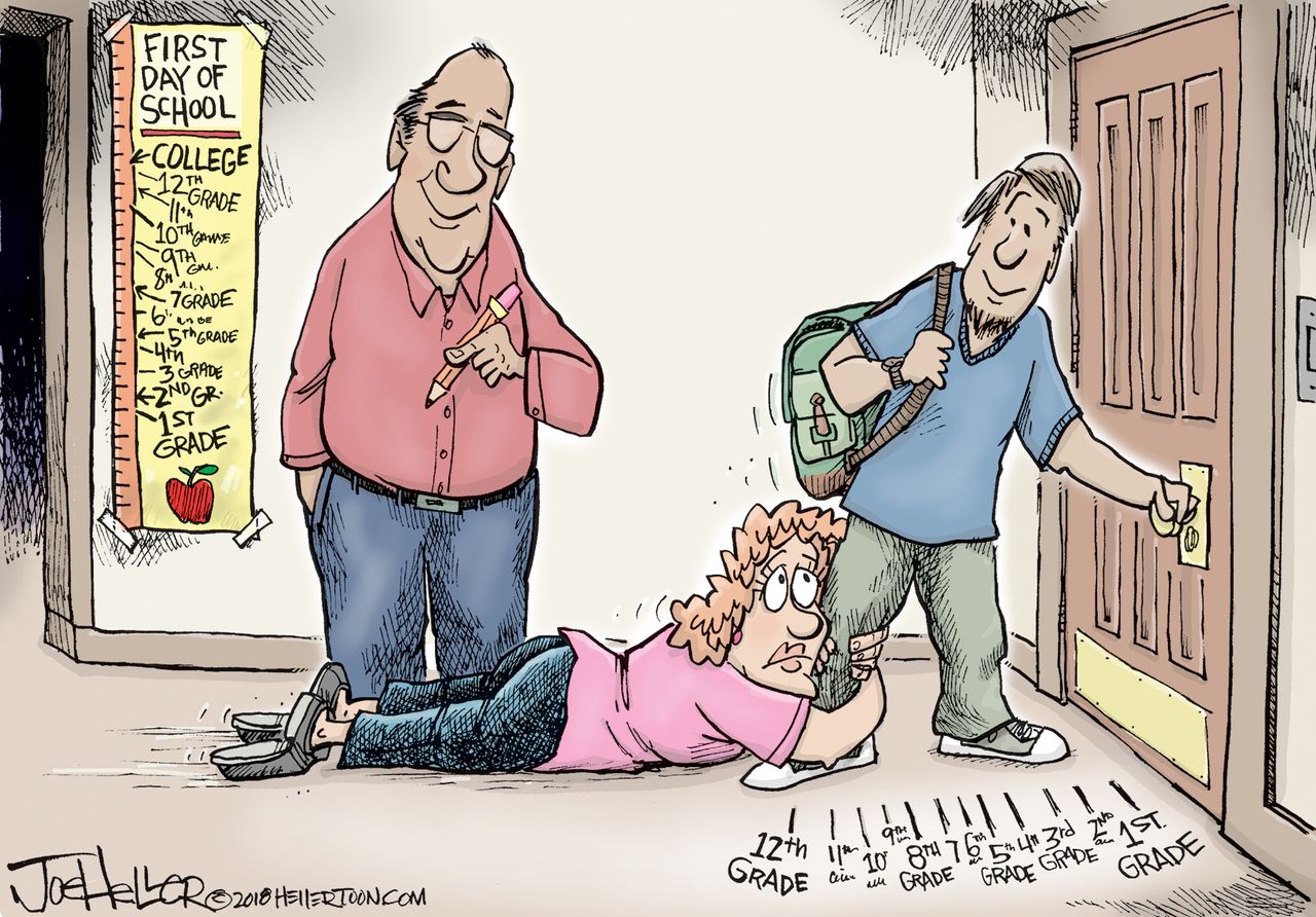 Editorial cartoon U.S. college first day grown-up family children school education