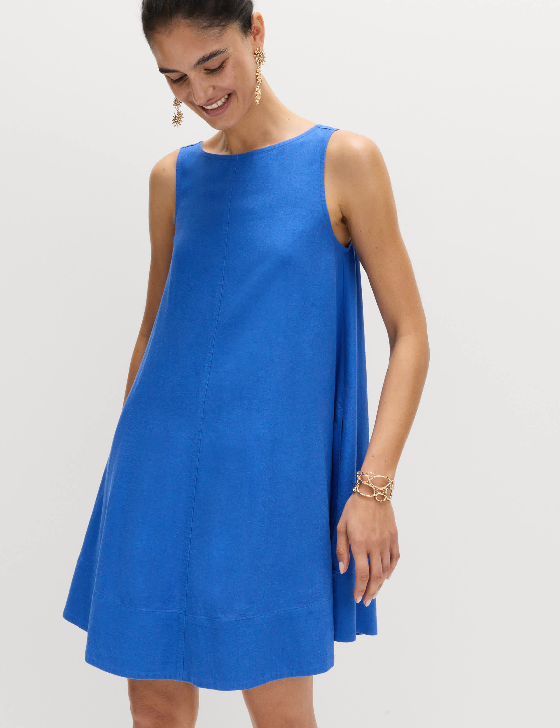 Linen Rich Scoop Neck Mini Swing Dress
