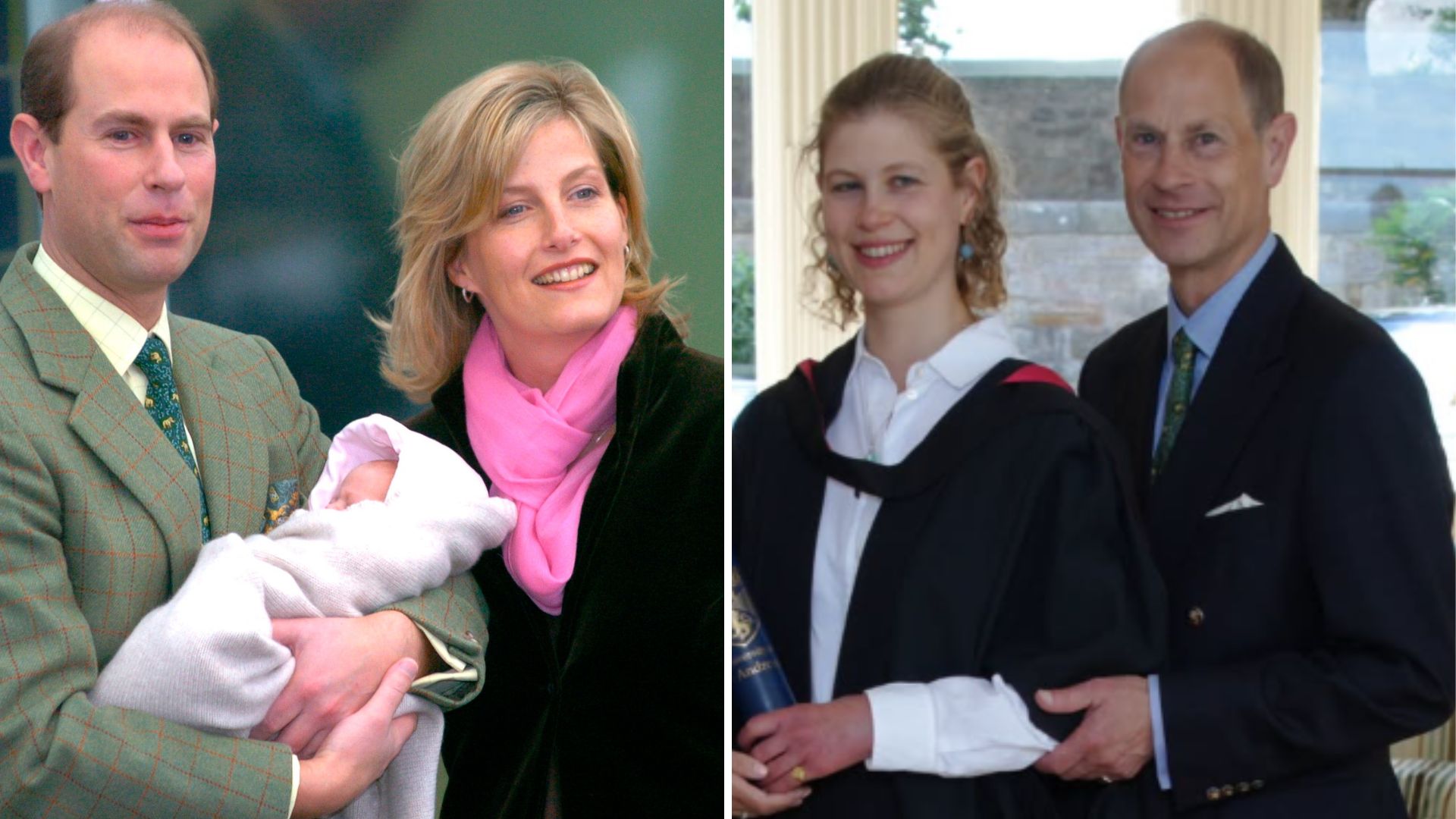 L-Prince Edward and Duchess Sophie leave the hospital with Lady Louise in 2003, R- Prince Edward and Lady Louise at her graduation