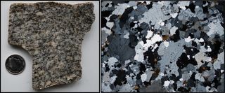 Granitic rocks, such as the 2.675-billion-year-old monzogranite shown here, are the dominant rock type that form the Archean continental crust in the Yilgarn Craton. Left: monzogranite hand specimen. Right: the same sample under the microscope.
