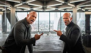 Hobbs & Shaw pointing at each other, yelling about each other