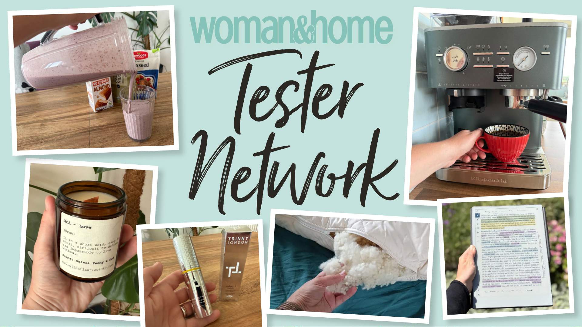A collage six items being tested by our Tester Network alongside the words Woman&amp;Home Tester Network