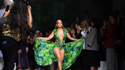 Jennifer Lopez Wears Pants Version of Versace Jungle-Print Dress