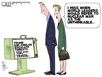 Political cartoon U.S. Trump Kim Jong Un nuclear threat