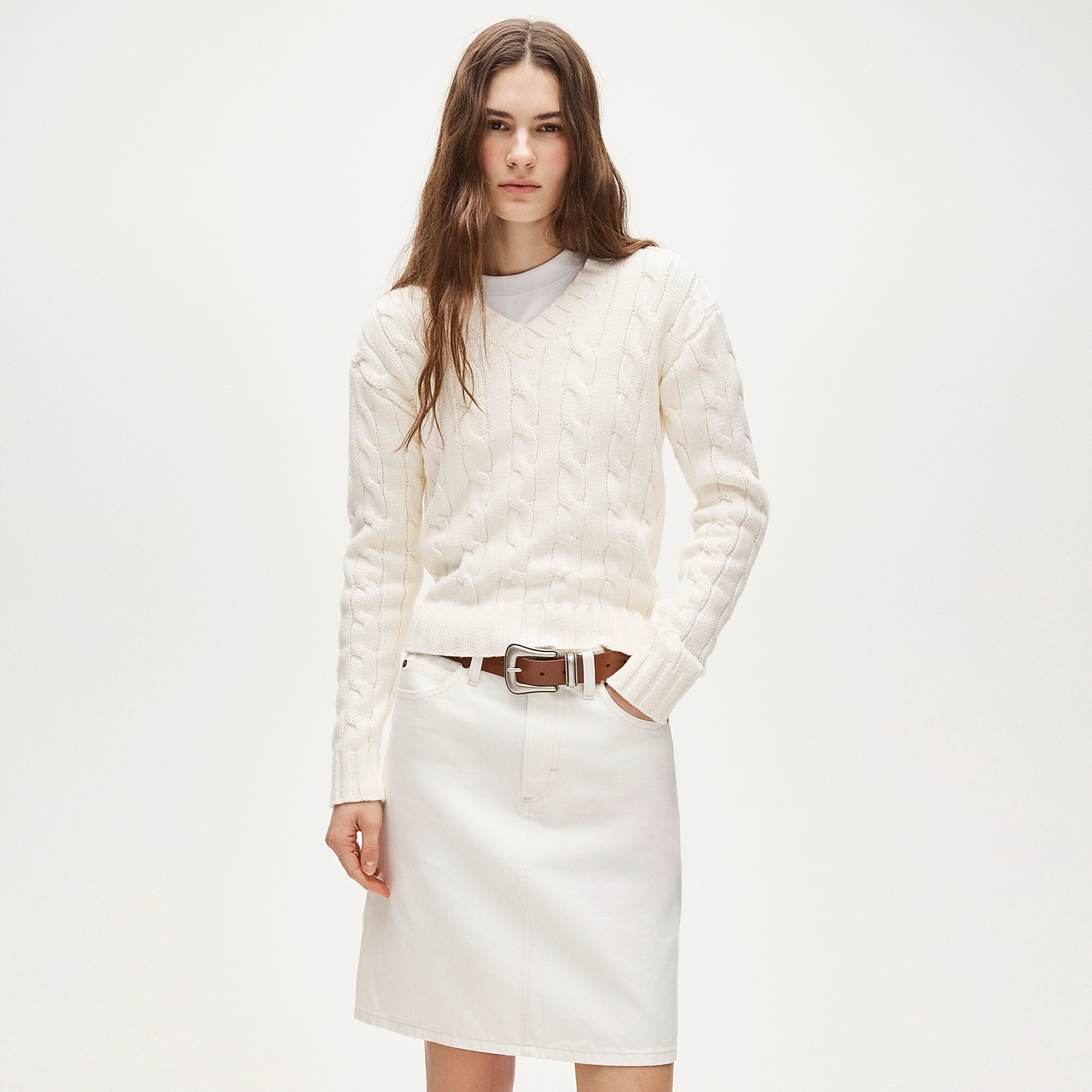 J.Crew, Cable-Knit High V-Neck Sweater in Heritage Cotton