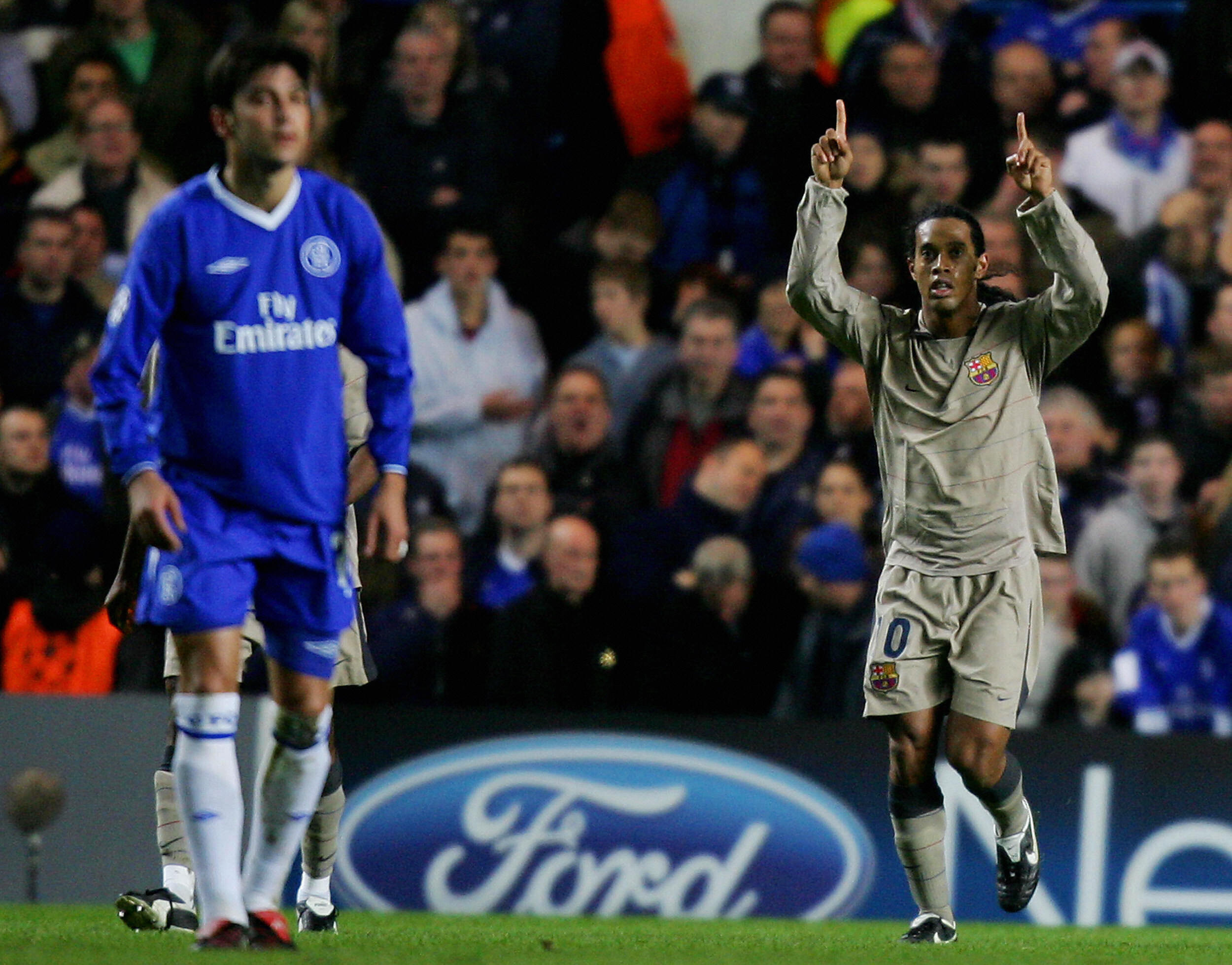 Ronaldinho celebrates scoring for Barcelona against Chelsea at Stamford Bridge