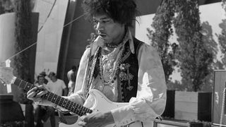 Jimi Hendrix soundchecks onstage at the Hollwood Bowl, LA, in 1967