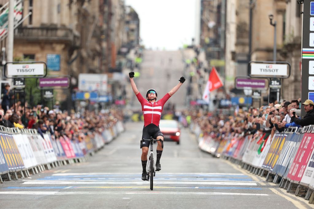Denmark&rsquo;s Albert Philipsen celebrates his victory of men's junior road race