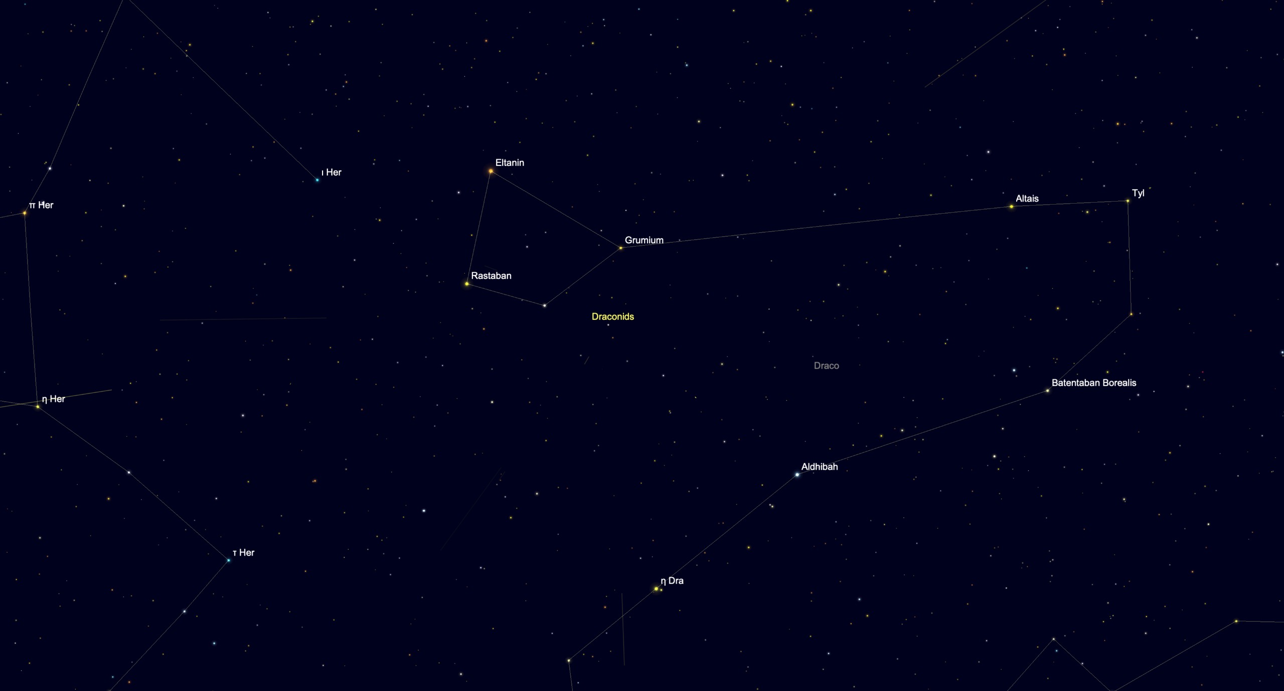 Star chart showing the Draconid meteor shower radiant in Draco near the bright stars Eltanin and Rastaban.