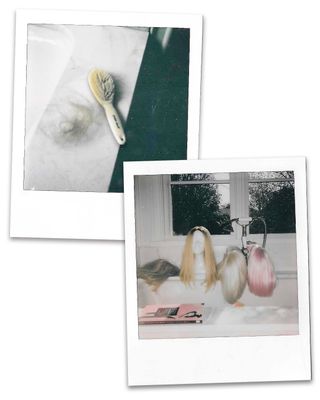 Polaroid image of hair brush and wigs