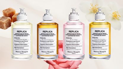 A collage featuring a selection of Maison Margiela REPLICA perfumes on a sheer, pink fabric background surrounded by stock images of brown sugar cubes and flowers to represent their fragrance notes.