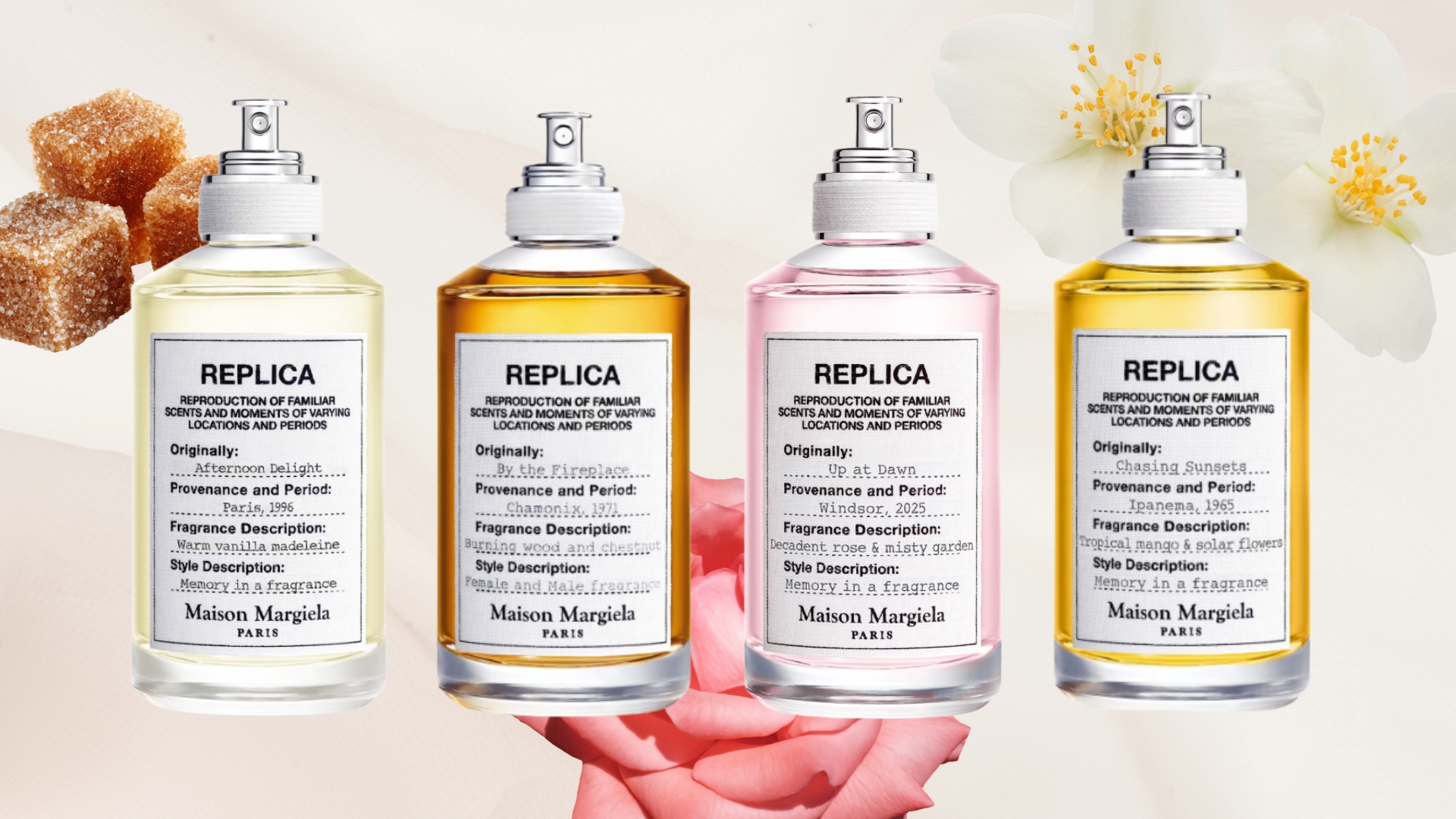 A collage featuring a selection of Maison Margiela REPLICA perfumes on a sheer, pink fabric background surrounded by stock images of brown sugar cubes and flowers to represent their fragrance notes.