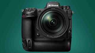 The Nikon Z9 camera on a green background
