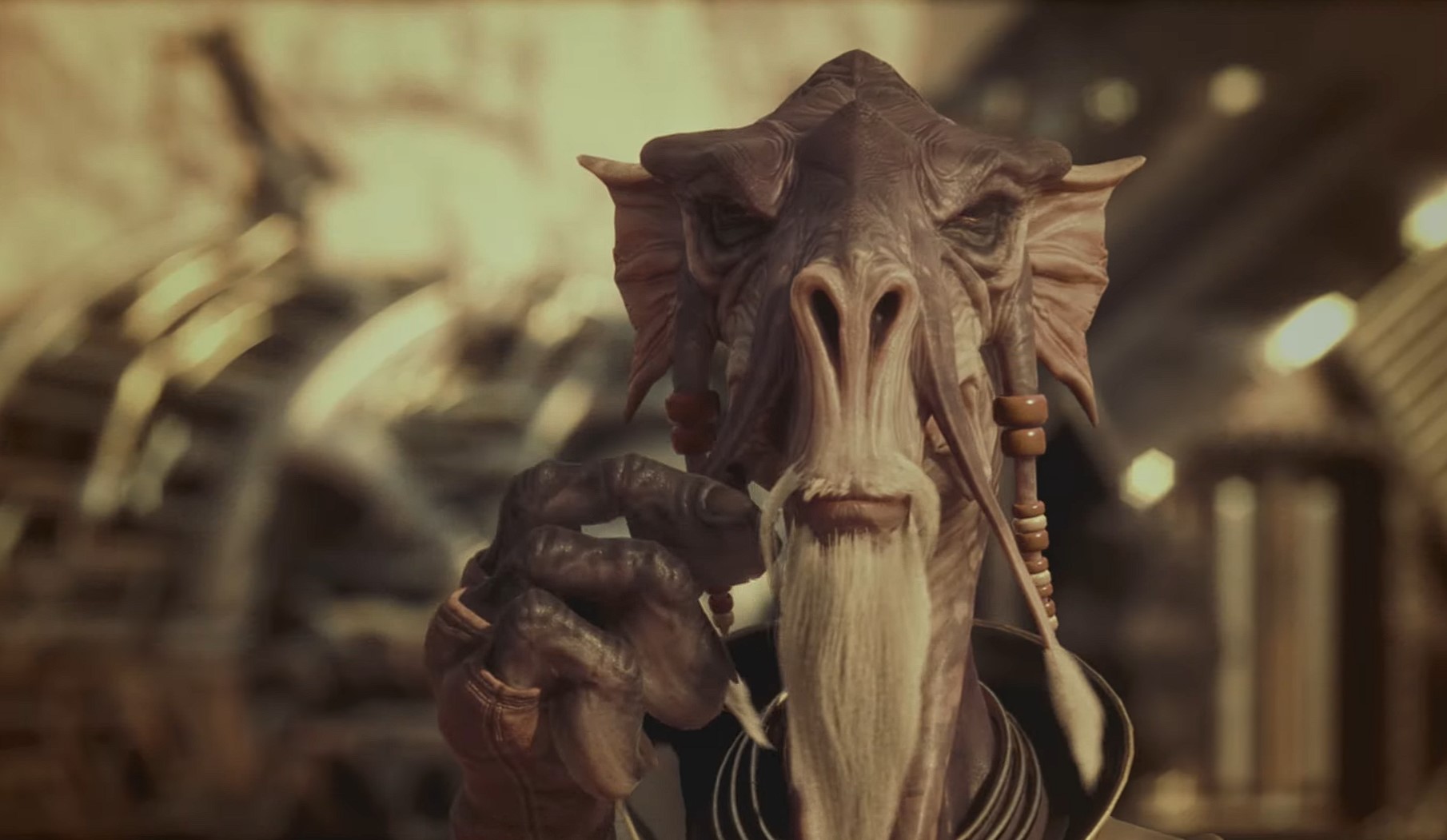 A Star Wars alien strokes his mustache