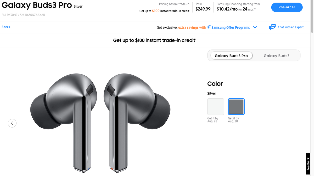 Samsung's store page for the Galaxy Buds 3 Pro, showing a delayed August 28th launch date