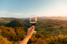 Man holding a glass of red wine among hills and mountains