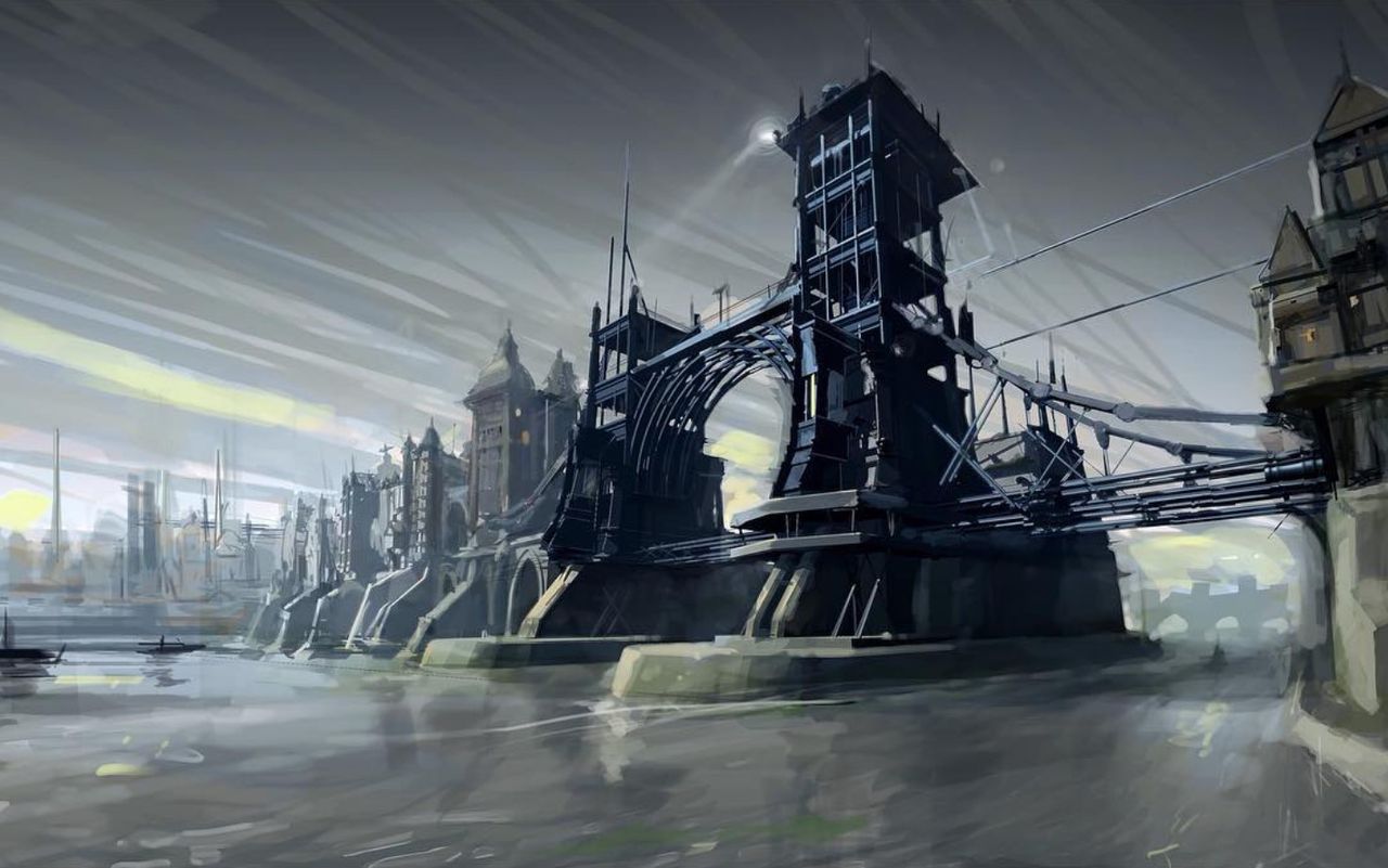 Suspension bridge in Dunwall concept art by Viktor Antonov