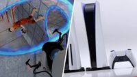 A split image of a screenshot from the game Portal, and a PlayStation 5 console