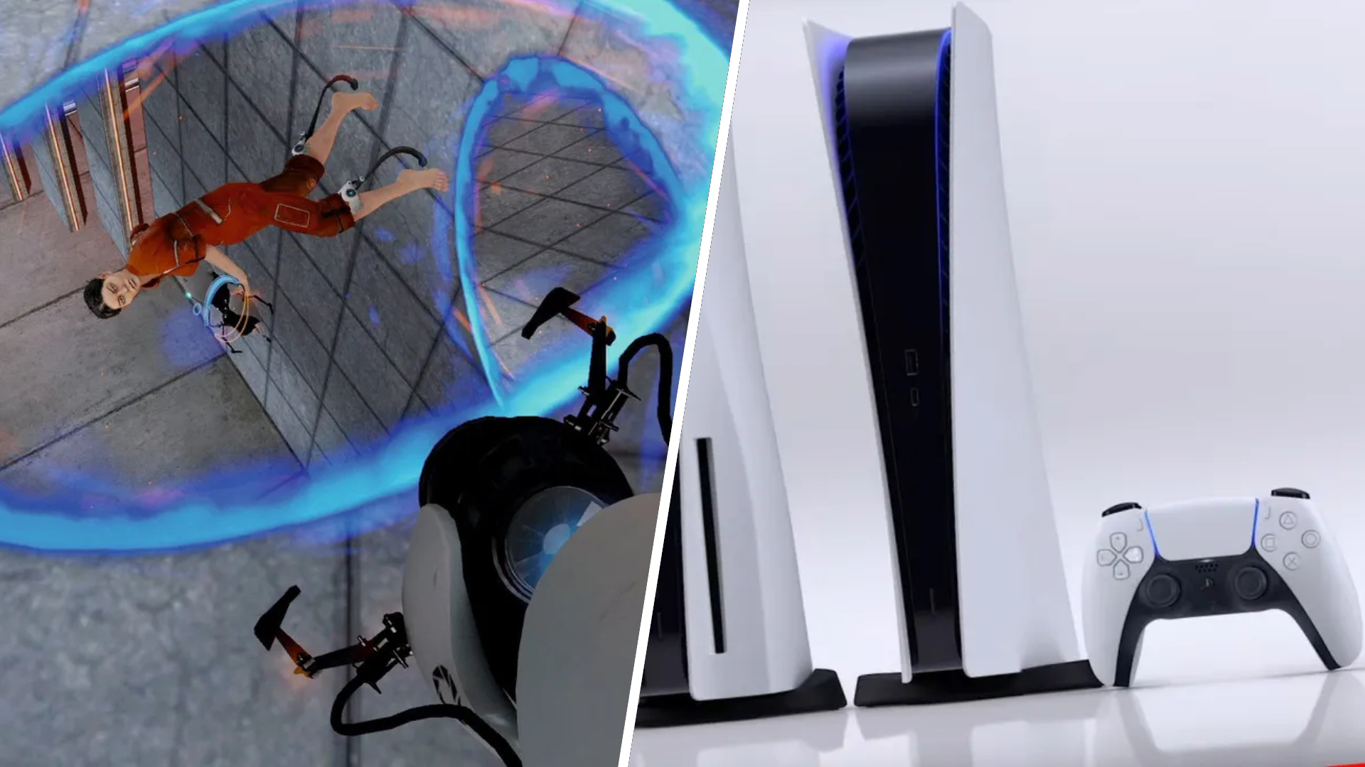 A split image of a screenshot from the game Portal, and a PlayStation 5 console