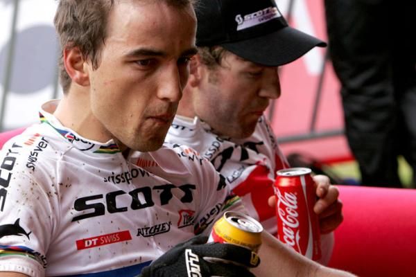 Nino Schurter and Florian Vogel of team Scott-Swisspower MTB Racing after the finish of stage seven of the 2010 Absa Cape Epic Mountain Bike stage race held in and around Oak Valley in the Western Cape, South Africa.