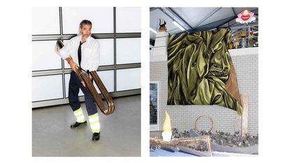 Studio Job's Job Smeet at his workshop with a brass trumpet-like object from his Delft installation