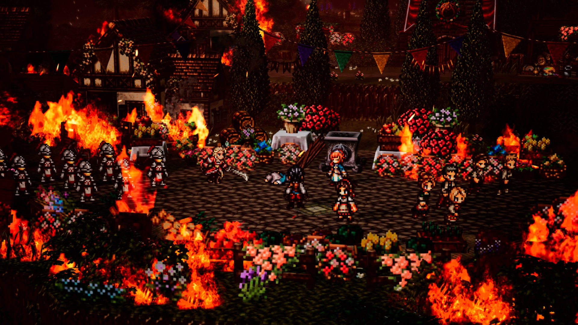 The hero&#039;s town burns in Octopath Traveler 0