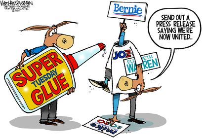 Political Cartoon U.S.Super Tuesday super glue democratic party united