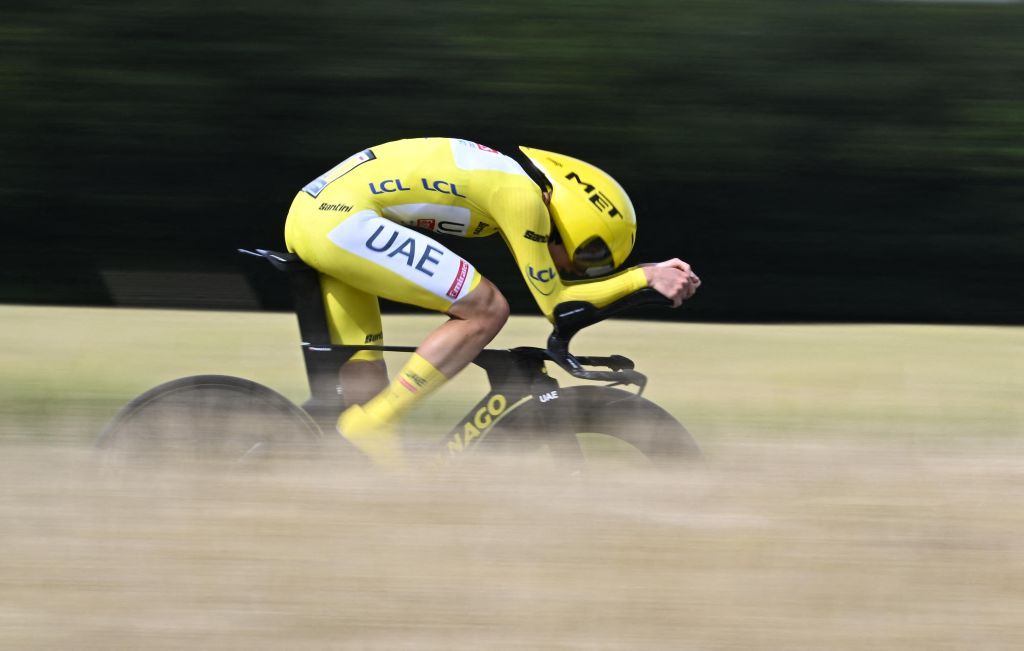 Slovenian Tadej Pogacar of UAE Team Emirates pictured in action during stage 7 of the 2024 Tour de France cycling race, an individual time trial from Nuits-Saint-Georges to Gevrey-Chambertin, France (25,3 km) on Friday 05 July 2024. The 111th edition of the Tour de France starts on Saturday 29 June and will finish in Nice, France on 21 July.
BELGA PHOTO JASPER JACOBS (Photo by JASPER JACOBS / BELGA MAG / Belga via AFP)