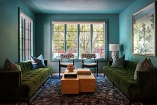 blue living room with green sofas in symmetry