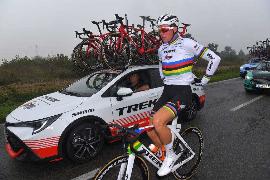 Mads Pedersen (Trek-Segafredo) in the rainbow bands at Milano-Torino