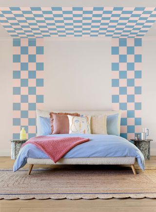 bedroom with blue and white check paint effect