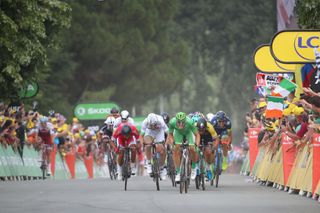 Marcel Kittel pulls in front in the final sprint on stage 10 of the Tour de France.