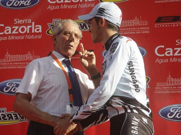 Alberto Contador is congratulated by legendary Spanish cyclist Federico Bahamontes.