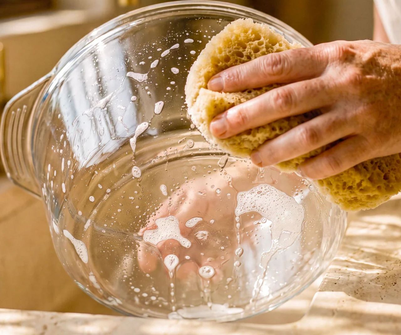 Someone hand washing a glass air fryer basket with a sponge and soapy water.