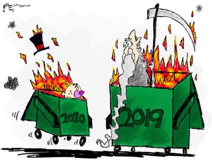 Editorial Cartoon World New Years problems dumpster fire
