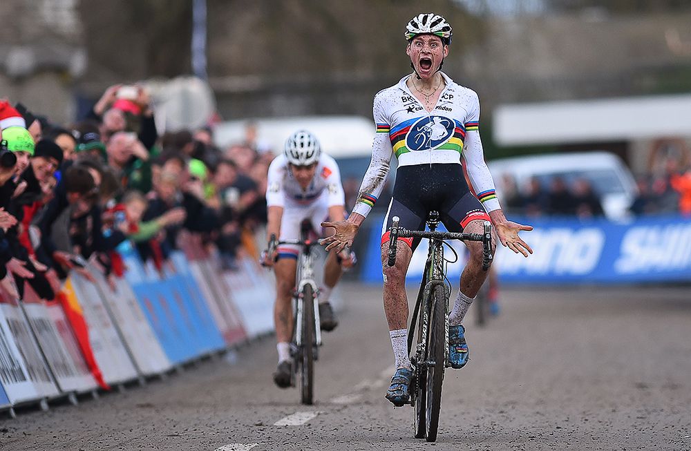 Mathieu van der Poel celebrates his win in Namur.