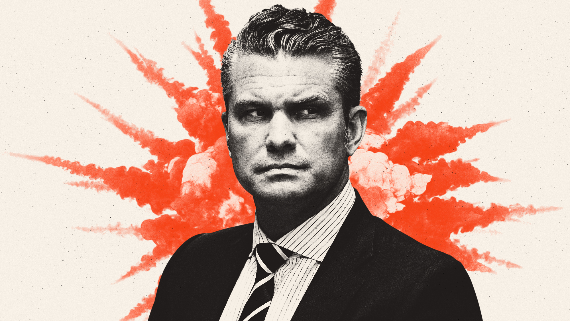 Illustration of Pete Hegseth against an explosion backdrop