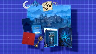 Blue Prince physical edition including game in PS5 box, picture of Mount Holly Manor, Red Prince book and Basement Key