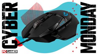 A Logitech G502 Hero gaming mouse on a Cyber Monday background