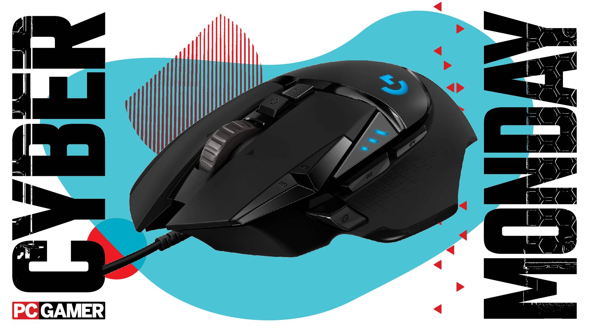 A Logitech G502 Hero gaming mouse on a Cyber Monday background