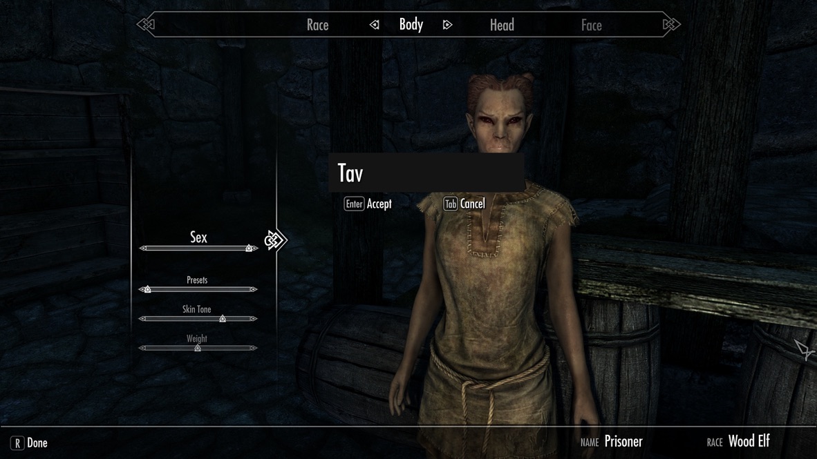 A Wood Elf in Skyrim's character creation screen, named Tav.
