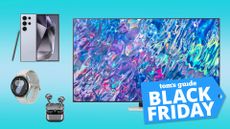 Samsung Black Friday deals image showing a variety of tech products against a turquoise background with a 'Black Friday' badge overlaid.