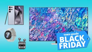 Samsung Black Friday deals image showing a variety of tech products against a turquoise background with a &#039;Black Friday&#039; badge overlaid.