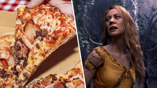 Left: "Man holding pizza slice - stock photo, Pepperoni pizza slice." Right: Faye, from God of War: Laufey, looks with dread towards a slice of pizza.
