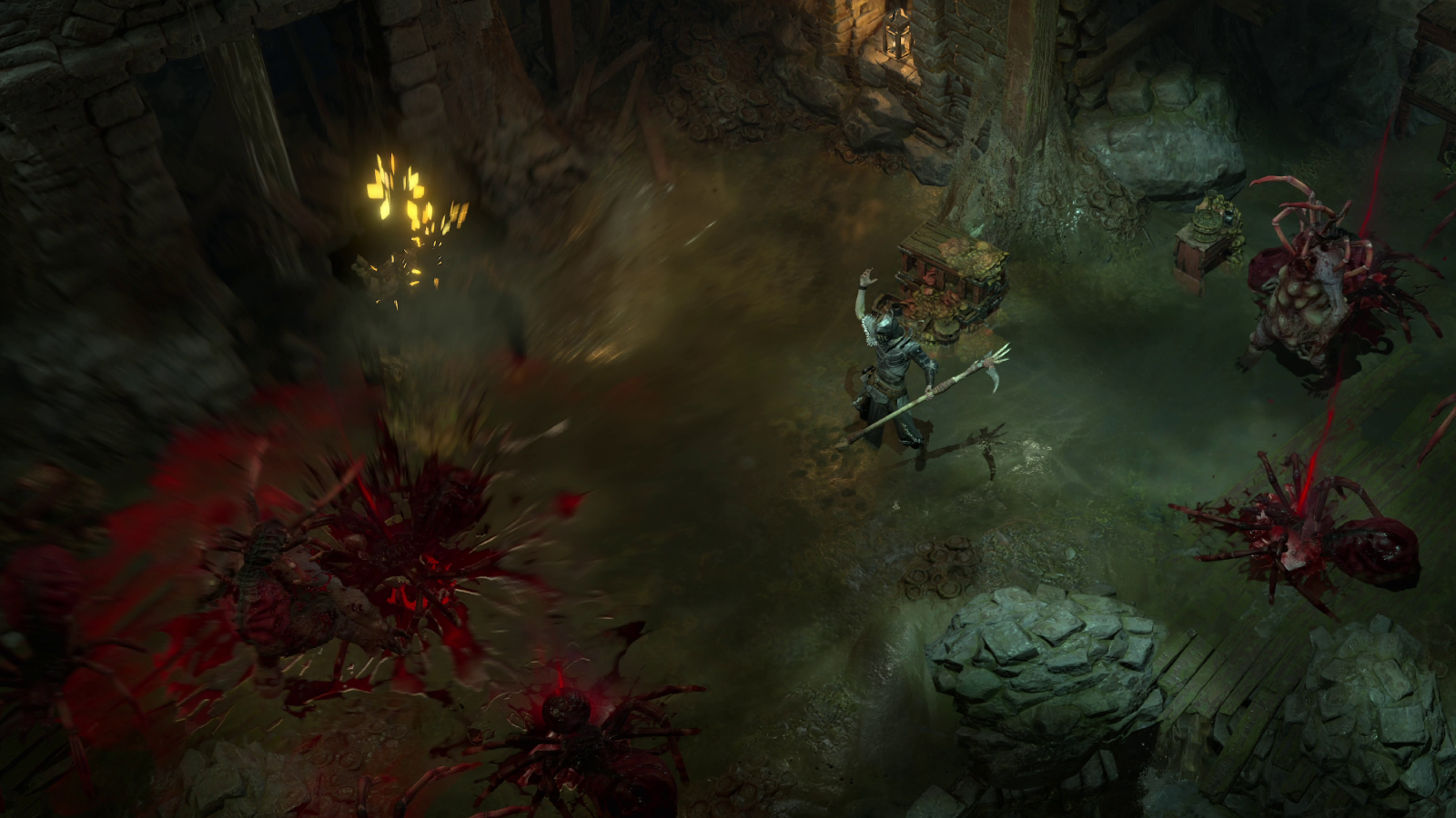 Diablo 4 — a Necromancer character detonates a recent kill with the Corpse Explosion skill.