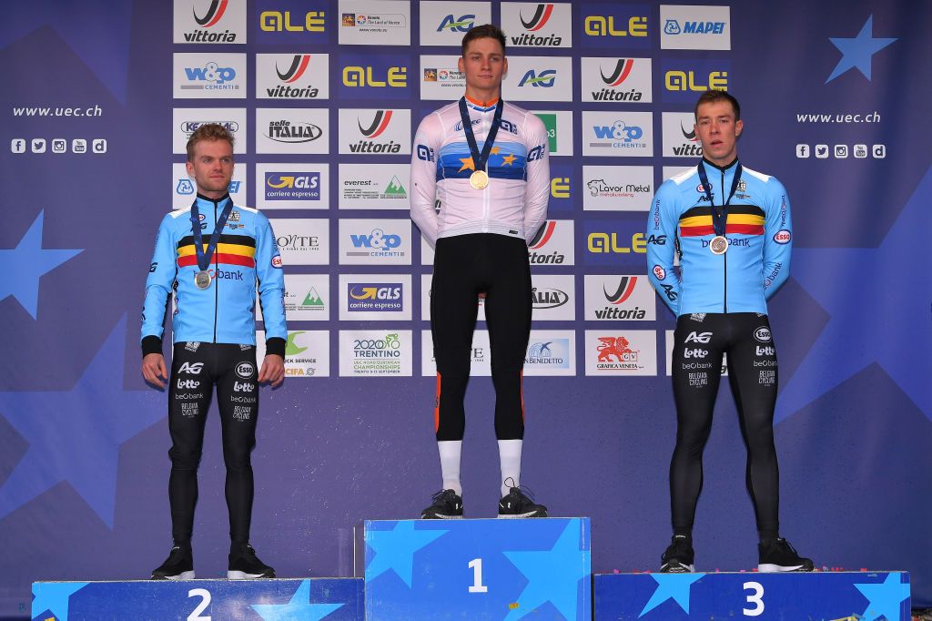 The podium (L-R): Eli Iserbyt, Mathieu van der Poel, Laurens Sweeck